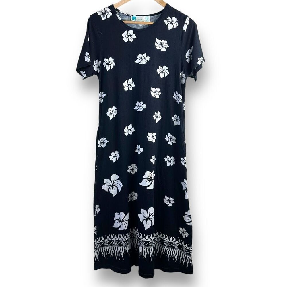 Vintage La Cera Women's S Hawaiian Midi Dress Black White‎ Hibiscus Print Cotton